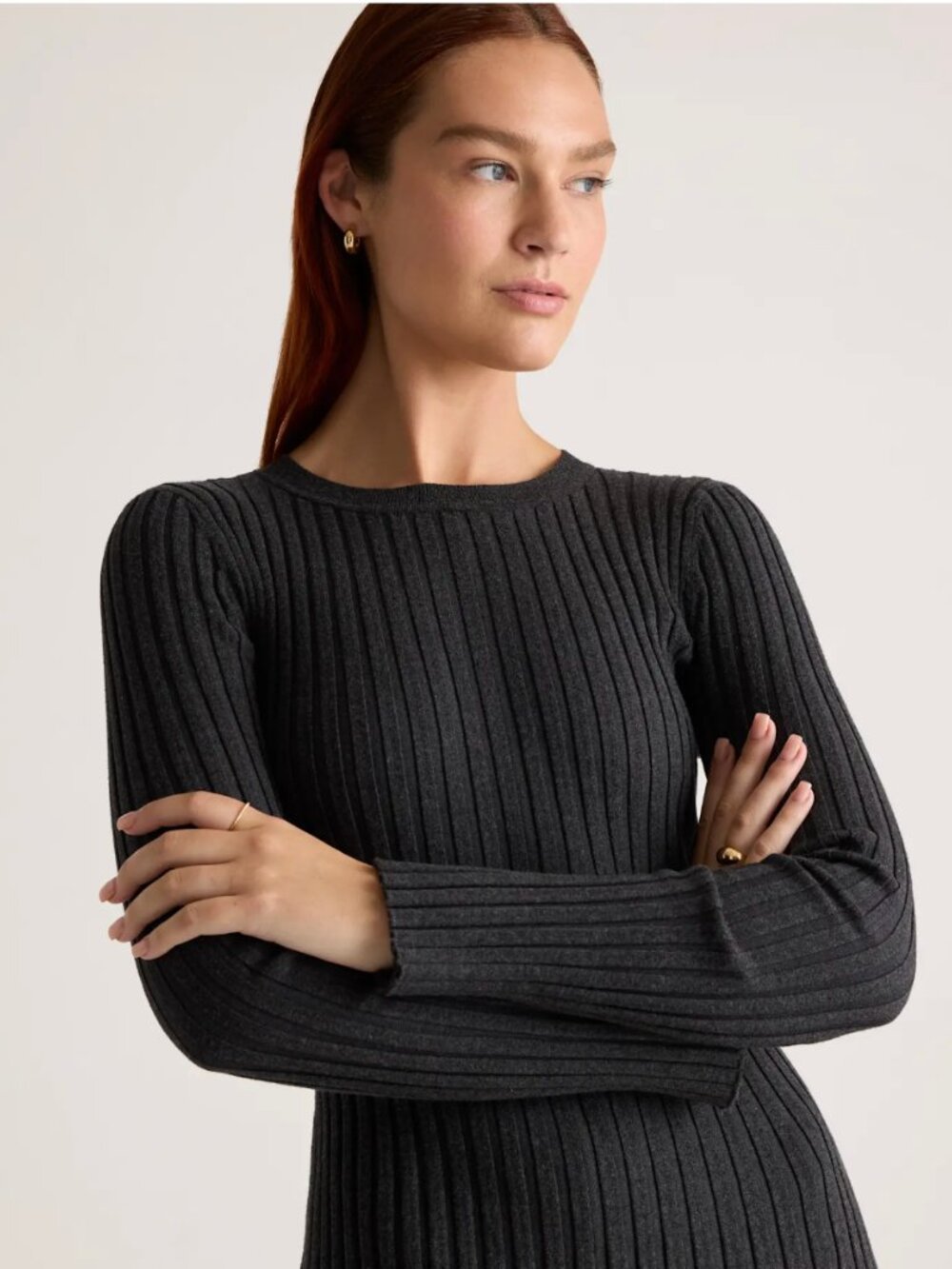 Quince Cotton Cashmere Ribbed Long Sleeve Crew Midi Dress Large
